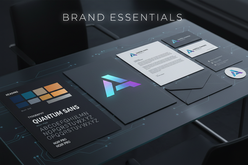 Brand identity design service showing logo, color palette, typography and business stationery