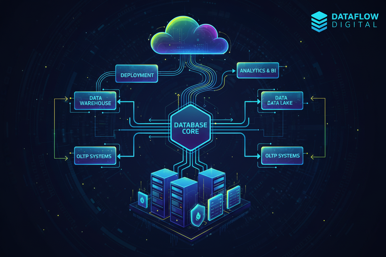 Database design and engineering service showing architecture diagrams and data infrastructure